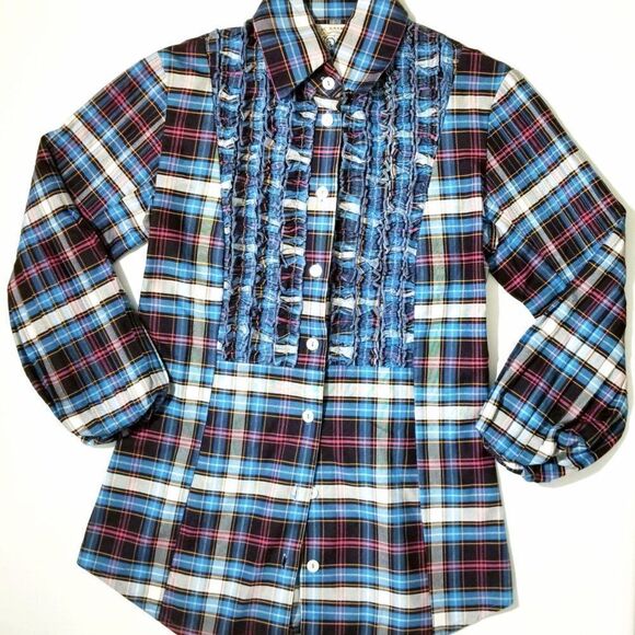 Bell Plaid Fine Garments Scottish Plaid Button Up Ruffle Shirt Size 0 - Picture 1 of 10